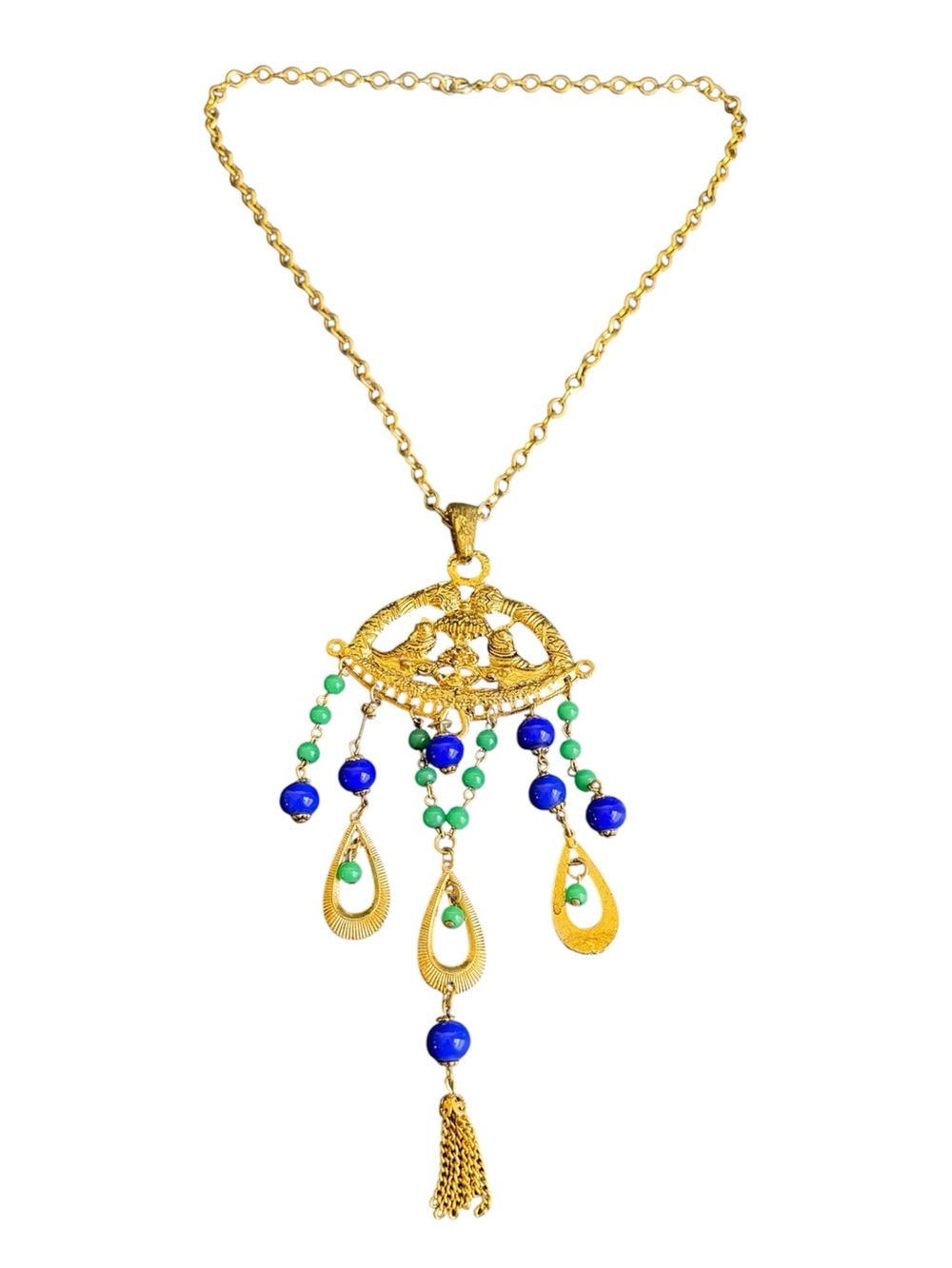 Vintage Etruscan Revival Statement Necklace Peking Glass Beads Gold Green‎ Blue